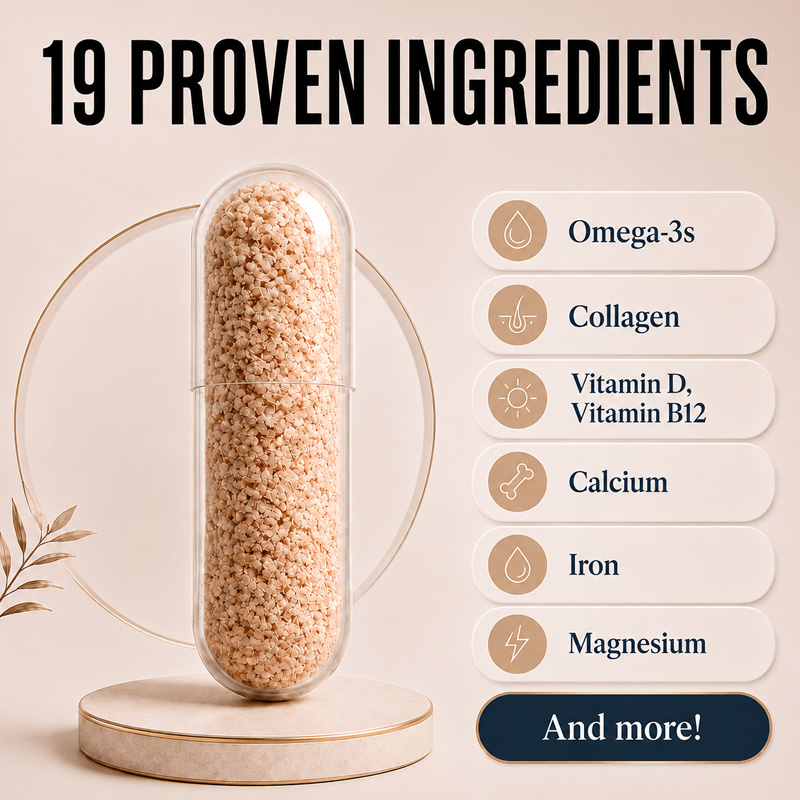 An advertisement showing a supplement capsule next to a list of its 19 proven ingredients like Omega-3s.