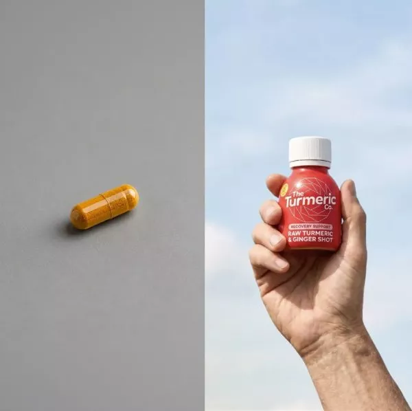 A split image showing a turmeric capsule on a grey background and a hand holding a turmeric shot.