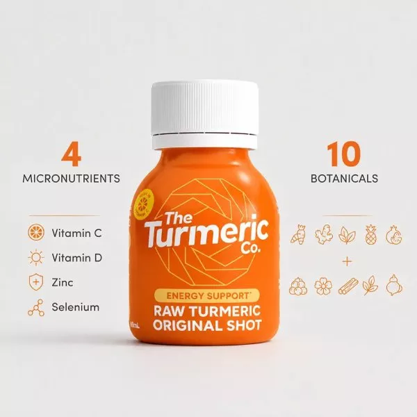 A bottle of The Turmeric Co. Raw Turmeric Original Shot, with its ingredients listed on either side.