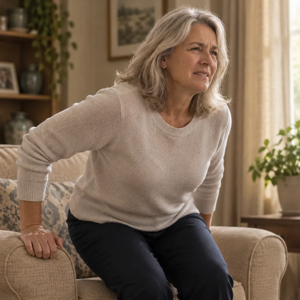 A woman with a pained expression uses her hands to push herself up from a sofa at home.