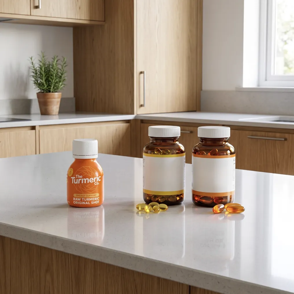 A bottle of The Turmeric Co. shot and two bottles of capsules on a modern kitchen counter.