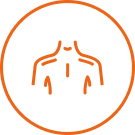 An orange line icon of a person's neck and shoulders enclosed in a circle.