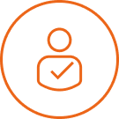An orange circular icon of a person with a checkmark.