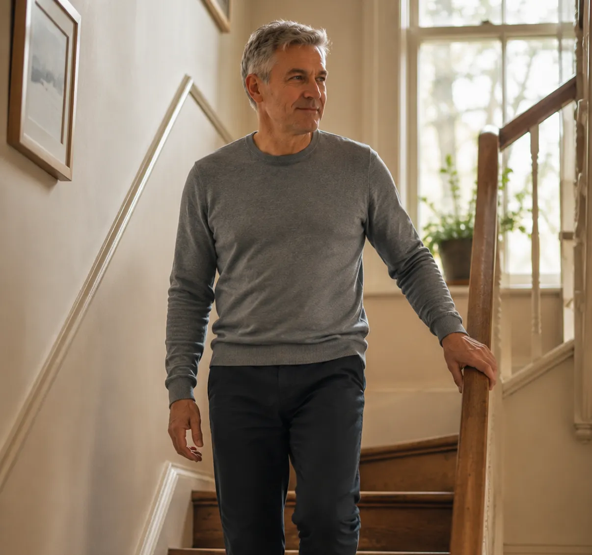 A man with grey hair in a grey sweater and dark pants walks down a wooden staircase.
