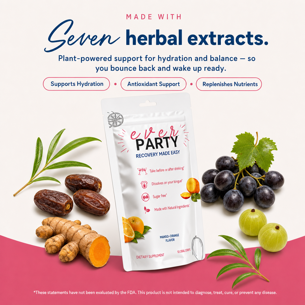 An advertisement for Ever Party dietary supplement, showing the packet surrounded by ingredients like grapes, dates, and turmeric.