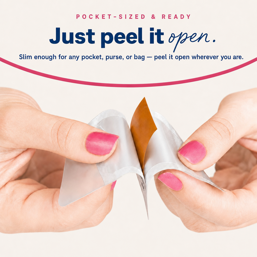 A close-up of hands with pink nail polish peeling open a small, single-use foil packet.