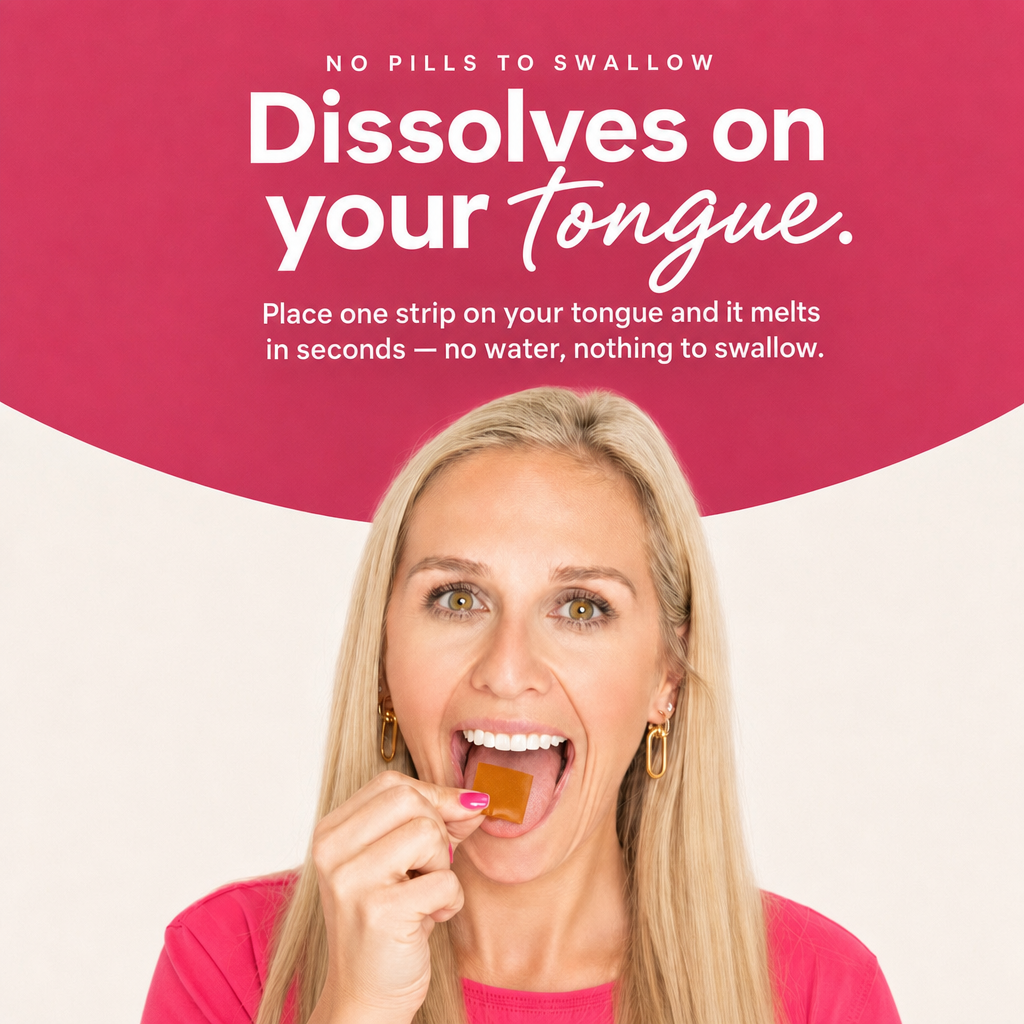 A woman in a pink shirt places a small dissolving strip on her tongue.