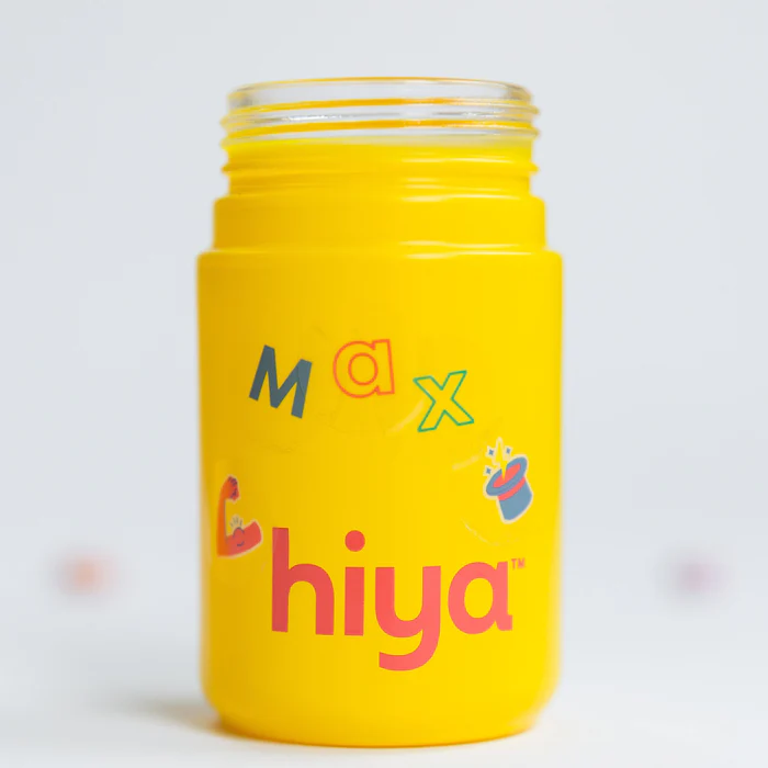 Yellow container with colorful text and illustrations, labeled 'hiya'.