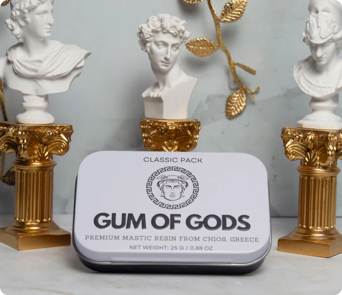 Gum pack labeled 'Gum of Gods' with statue busts on golden pedestals.