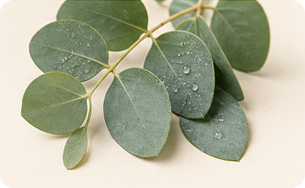 A sprig of green eucalyptus leaves with water droplets on them, resting on a plain, light-colored surface.