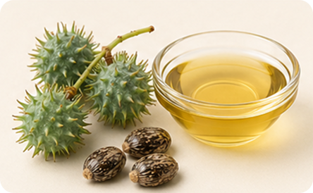 A bowl of castor oil sits next to castor beans and green, spiky castor pods.
