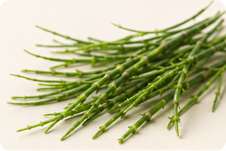 A close-up of green, segmented plant stems, possibly horsetail, on a light background.