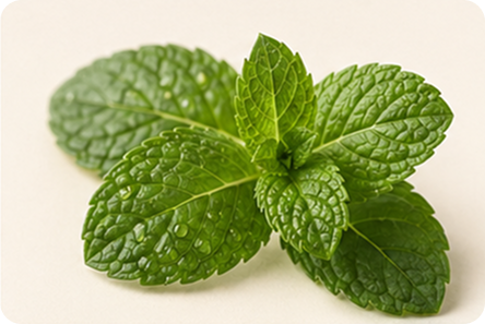 A close-up of a fresh sprig of mint with water droplets on its leaves against a plain background.