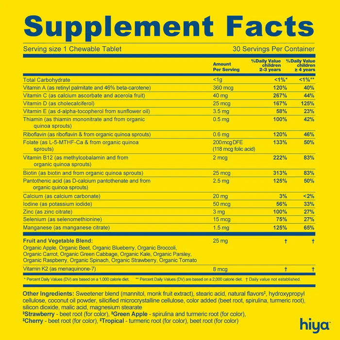 Yellow supplement facts label with ingredients and nutritional information.