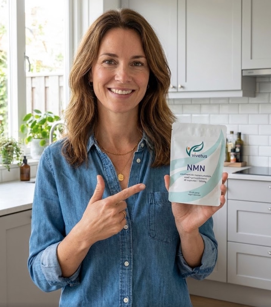 Woman in kitchen holding and pointing to a product labeled 'Vivetus NMN'.
