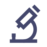 A simple, dark blue icon of a microscope against a black background.