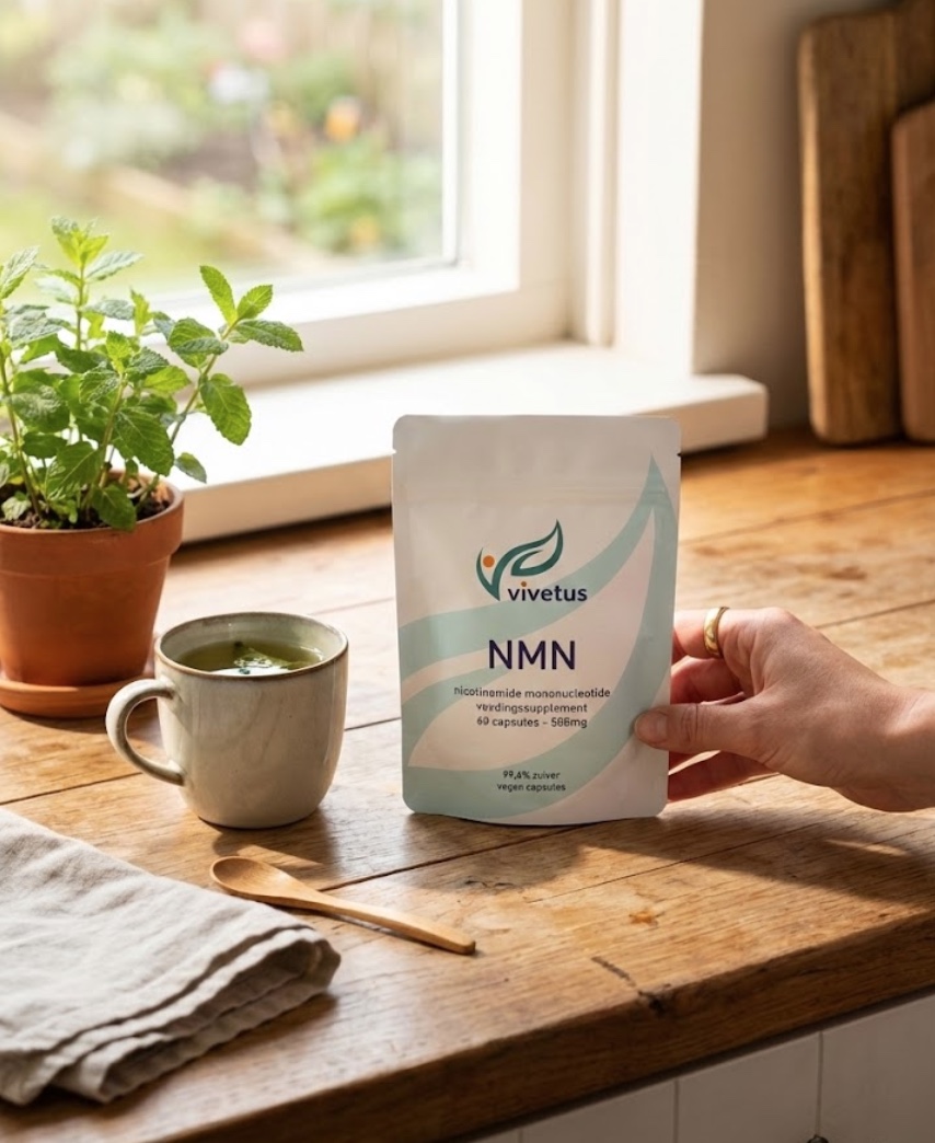 A hand holding a pouch of Vivetus NMN supplements on a wooden counter with a mug and mint plant.