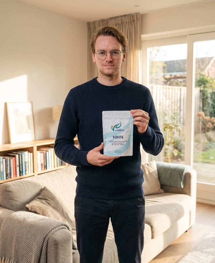 A man in a blue sweater stands in a living room holding a white pouch of NMN supplement.