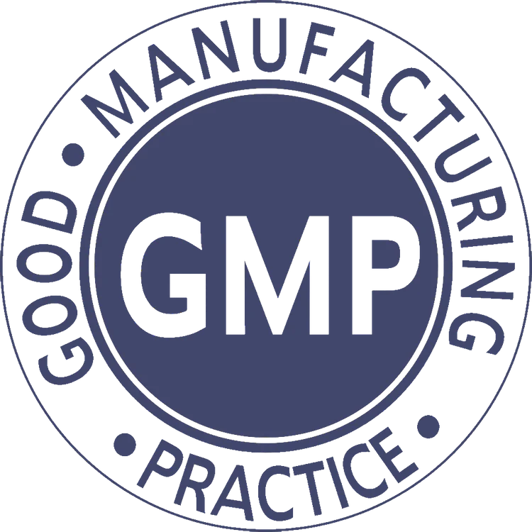 A blue and green circular seal for Good Manufacturing Practice (GMP).