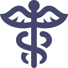 A dark blue Caduceus symbol, a winged staff entwined by two snakes, on a black background.