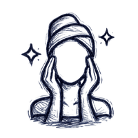 A sketch icon of a person with a towel on their head, hands cupping their face, with sparkles.