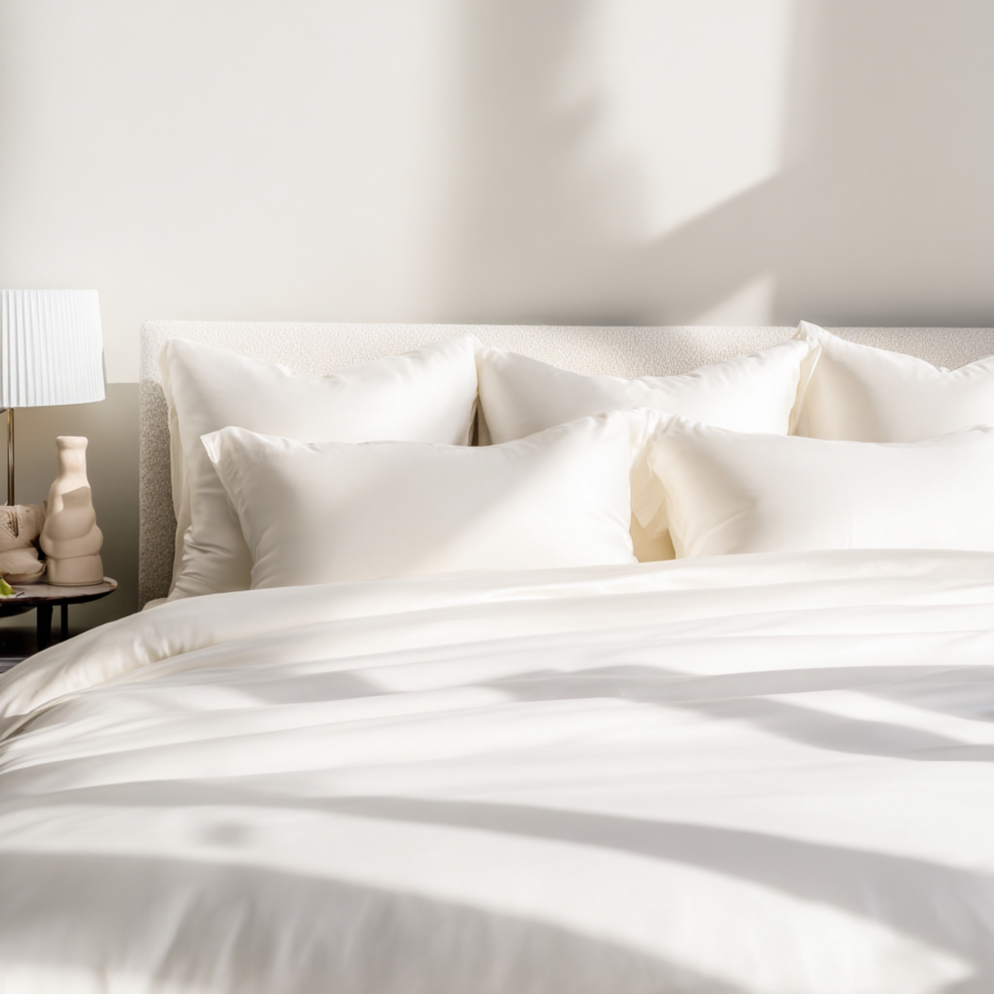 A sunlit bed with plush white pillows and a smooth duvet, next to a nightstand with a lamp.
