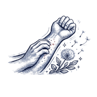 A vintage-style blue illustration of a hand scratching a rash on an arm, with a plant nearby.