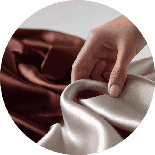 A close-up of a hand touching two pieces of silky fabric, one brown and one cream-colored.