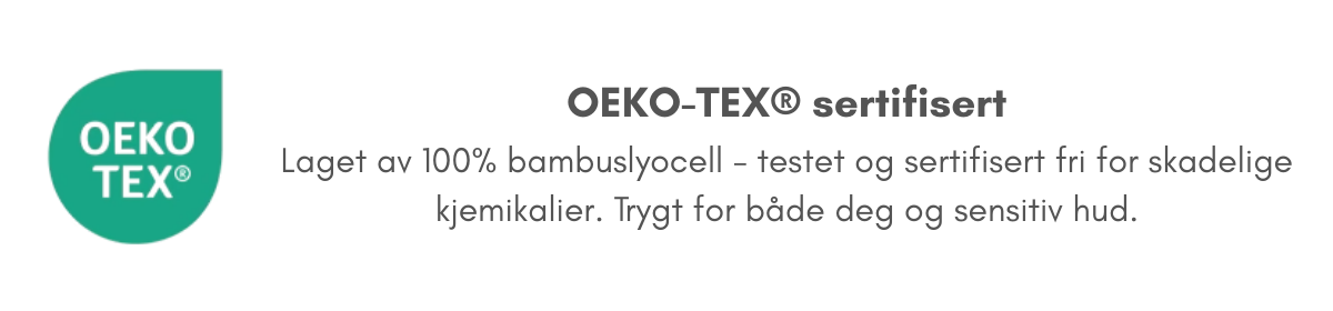 The Oeko-Tex certified logo next to descriptive text in Norwegian.