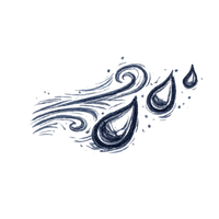 A stylized, hand-drawn illustration of wind and three raindrops on a green background.