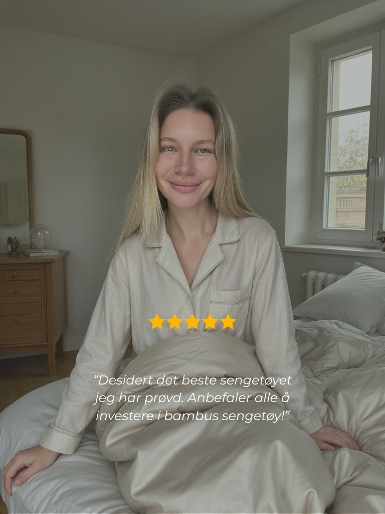 A woman in pajamas sits smiling on a bed, with an overlay of a five-star review in text.