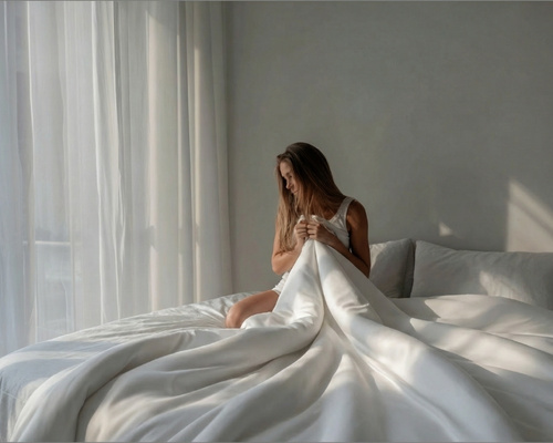 A woman with long hair sits on a bed with white sheets, holding the comforter in a sunlit room.