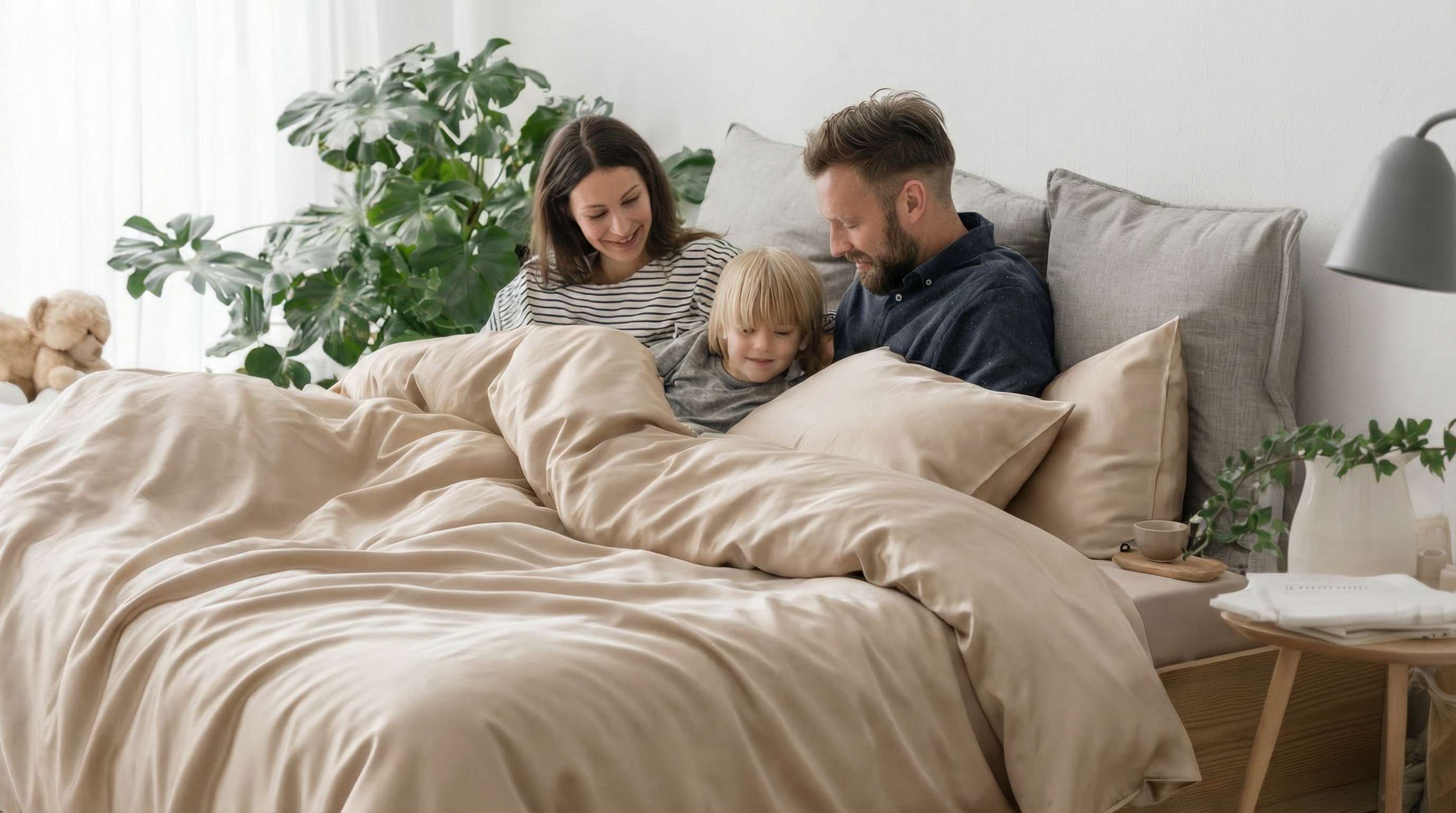A man, woman, and young child sit together in a bed with a tan duvet, smiling.