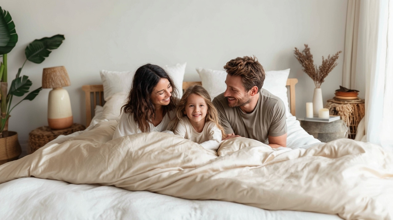 A smiling family with a young daughter lying in bed together under a beige comforter.