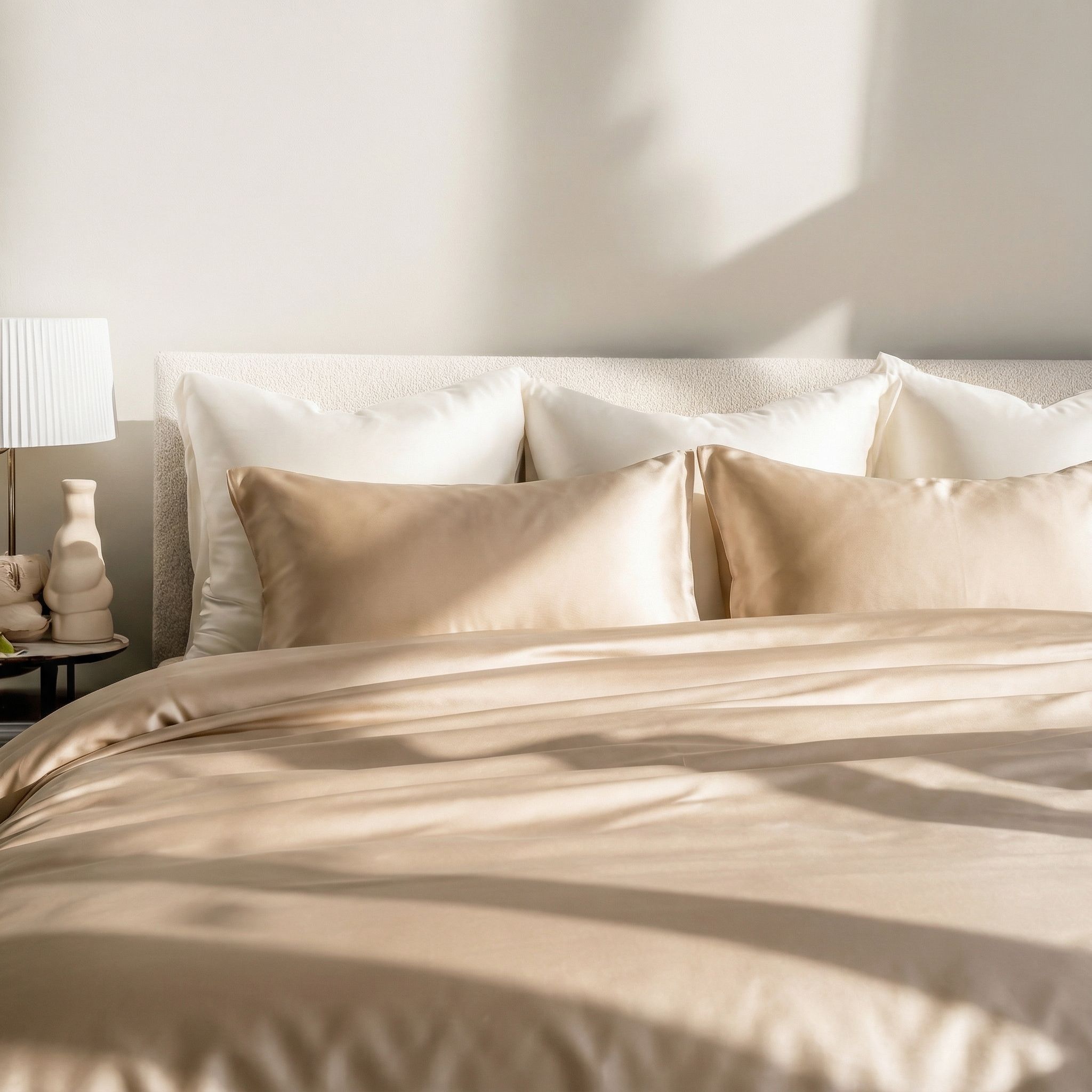 A close-up of a bed with deep red sateen bedding next to a nightstand with a lamp.