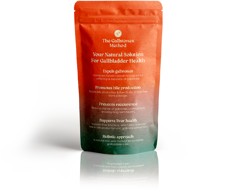 Orange and green pouch labeled 'The Gallstones Method' for gallbladder health.