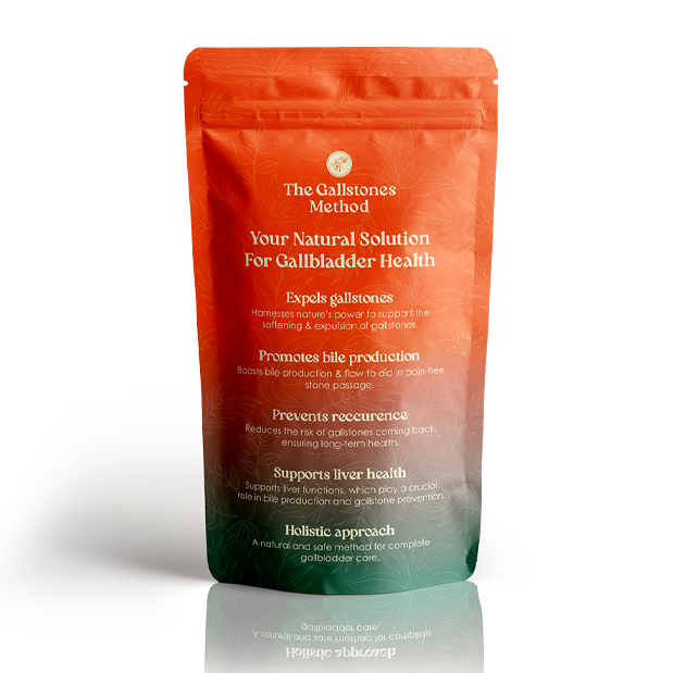 Orange and green pouch labeled 'The Gallstones Method' for gallbladder health.