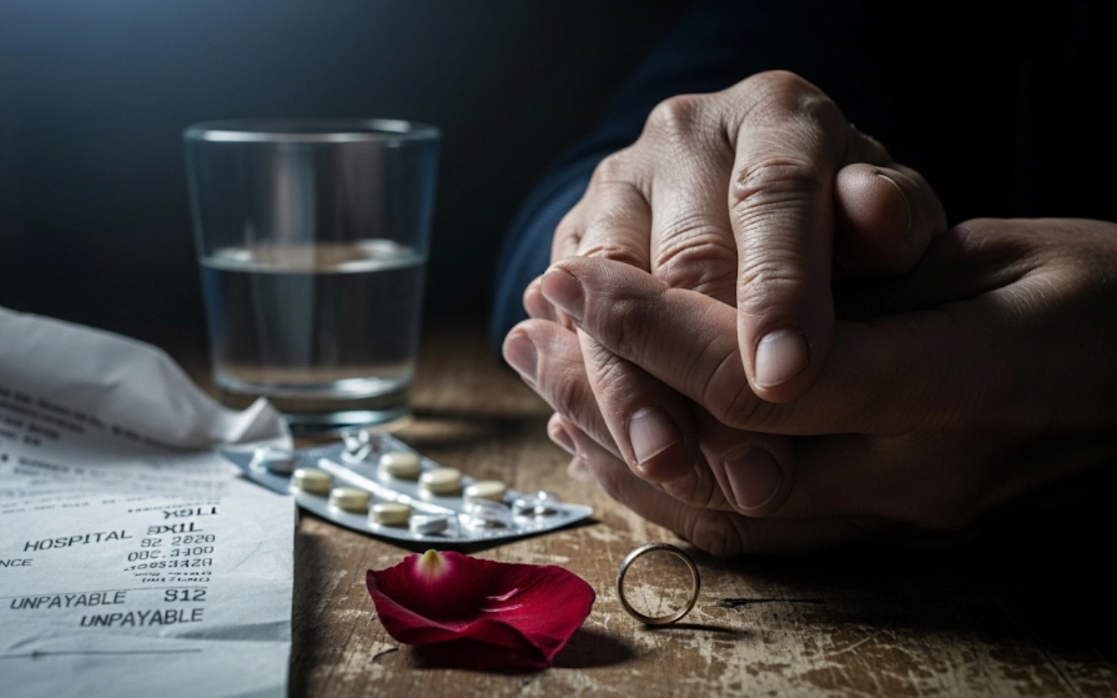 Hands clasped on table with pills, glass of water, bill, ring, and rose petal.