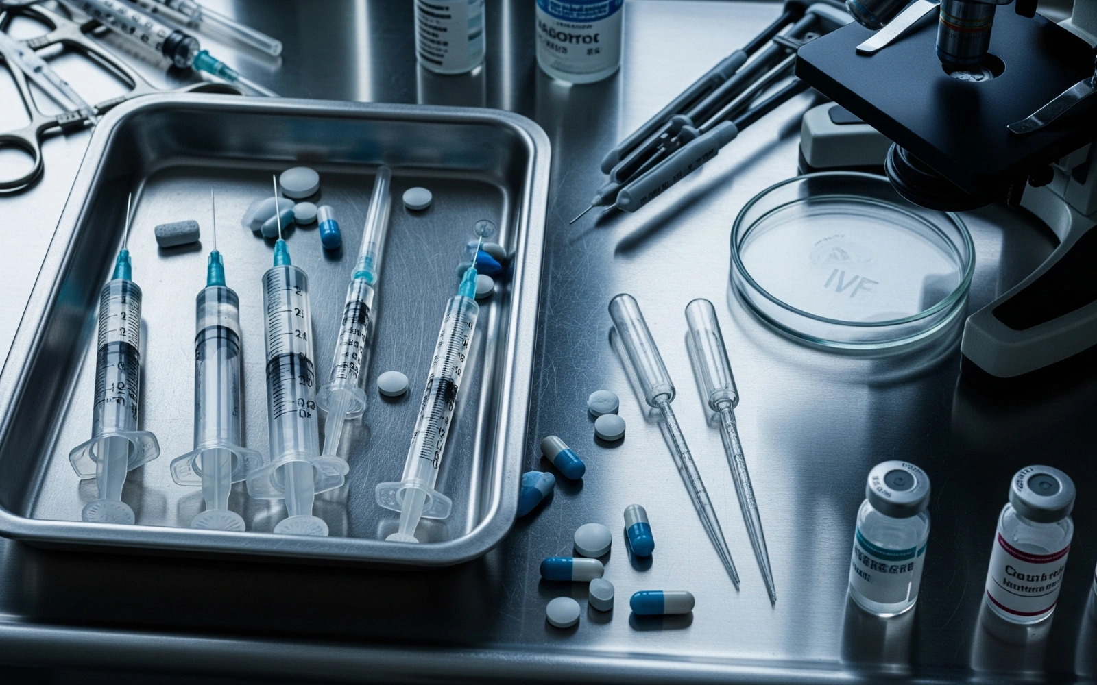 Medical equipment and pills on a stainless steel table.