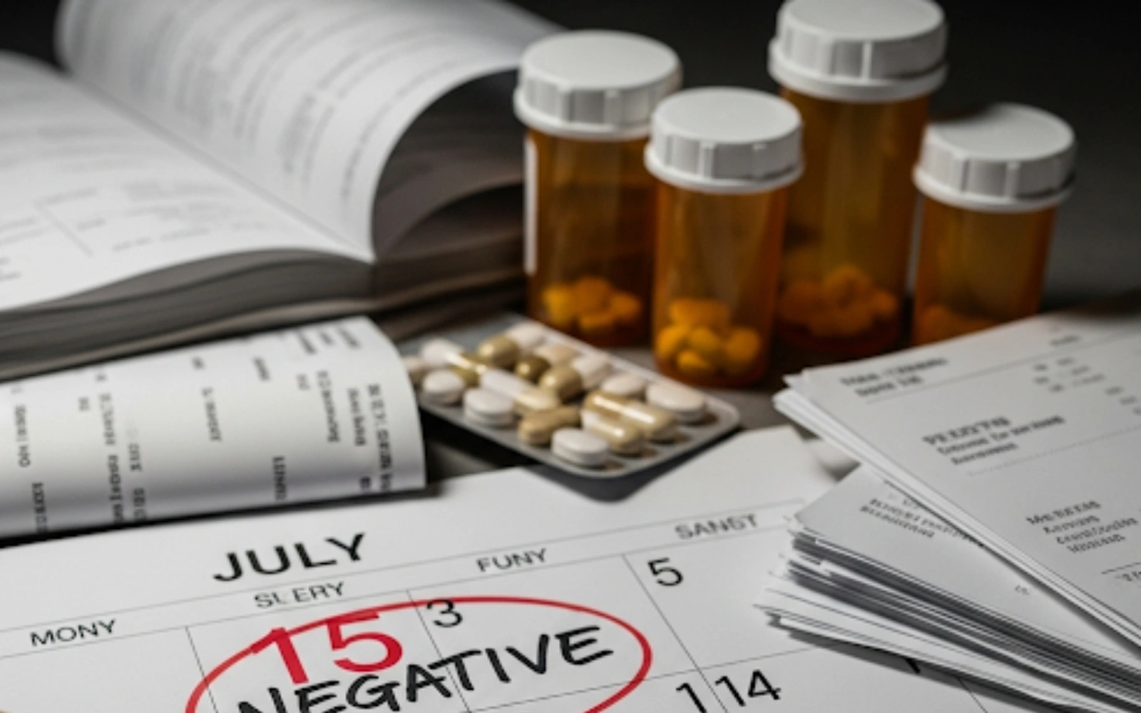 Pills, prescription bottles, and a calendar marked '15 Negative.'