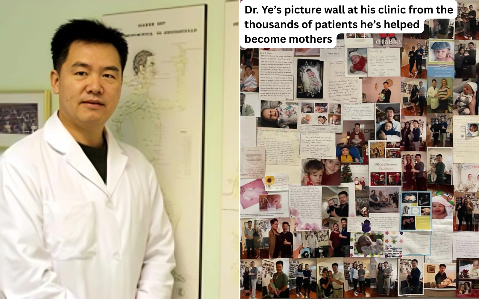 Man in a white coat next to a wall filled with family photos and notes.