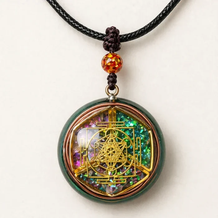 A necklace with a round pendant featuring a gold geometric design over colorful, sparkly crystals.