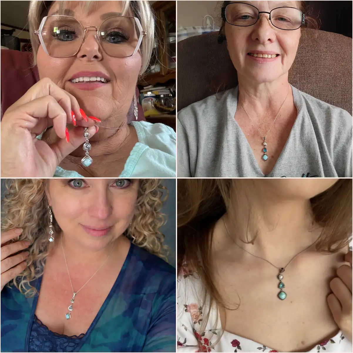 A collage of four photos showing different women wearing similar silver pendant necklaces.
