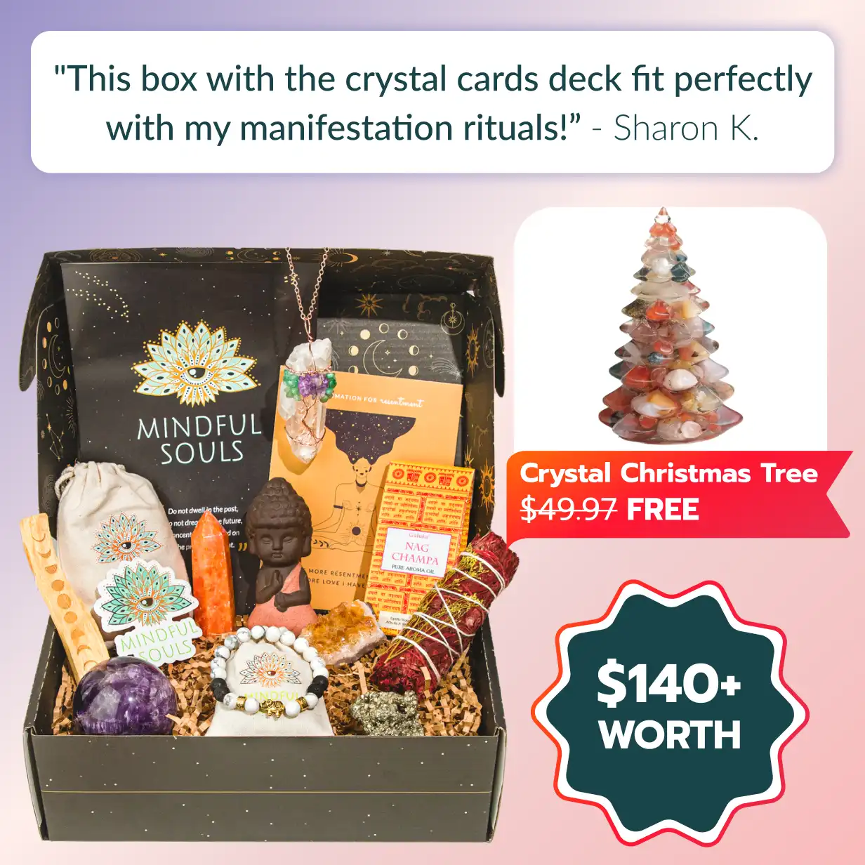 A Mindful Souls subscription box with crystals, a Buddha statue, incense, and a crystal Christmas tree.