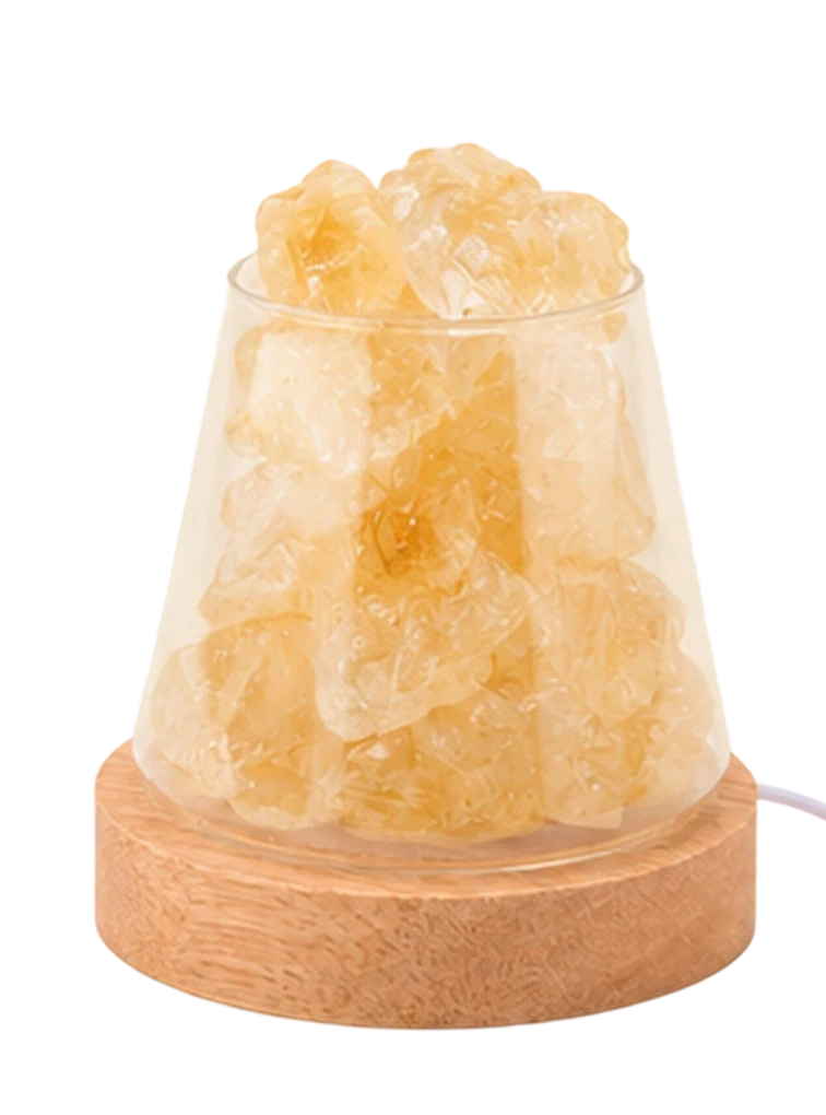 A small lamp on a wooden base, filled with yellow crystals inside a clear glass container.