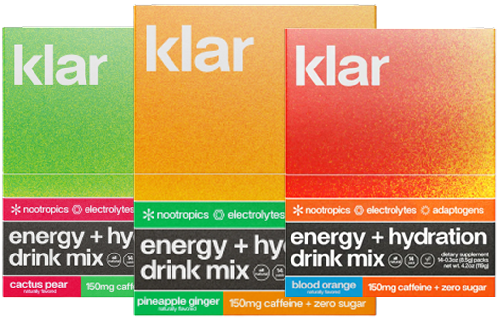 Three boxes of Klar energy and hydration drink mix in different flavors.