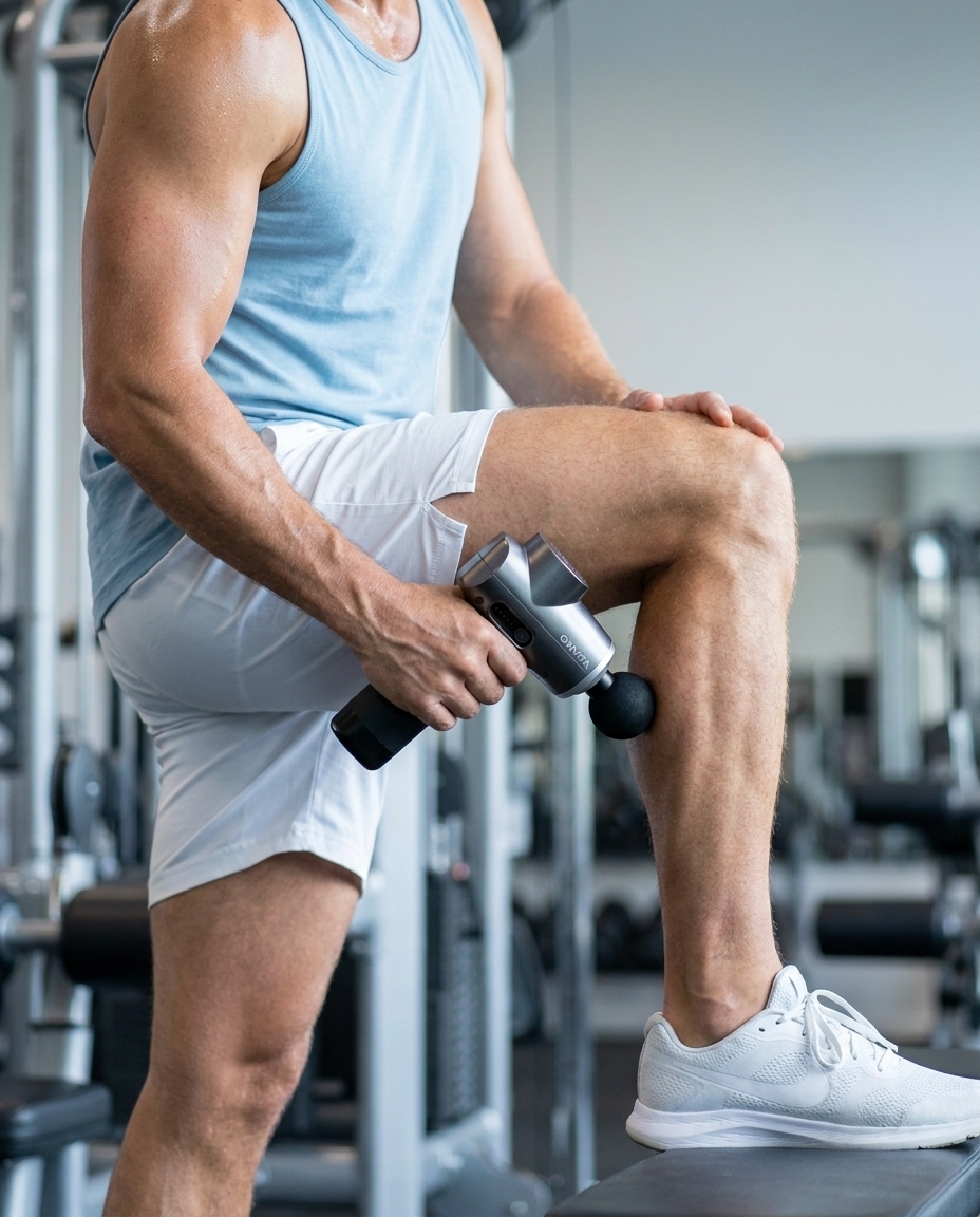 A muscular man in a gym uses a handheld massage gun on his lower leg.