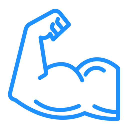 A blue line art icon of a flexed arm showing a bicep muscle.