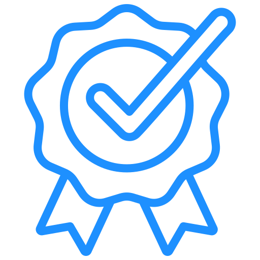 A blue line art icon of a rosette seal with a checkmark inside.