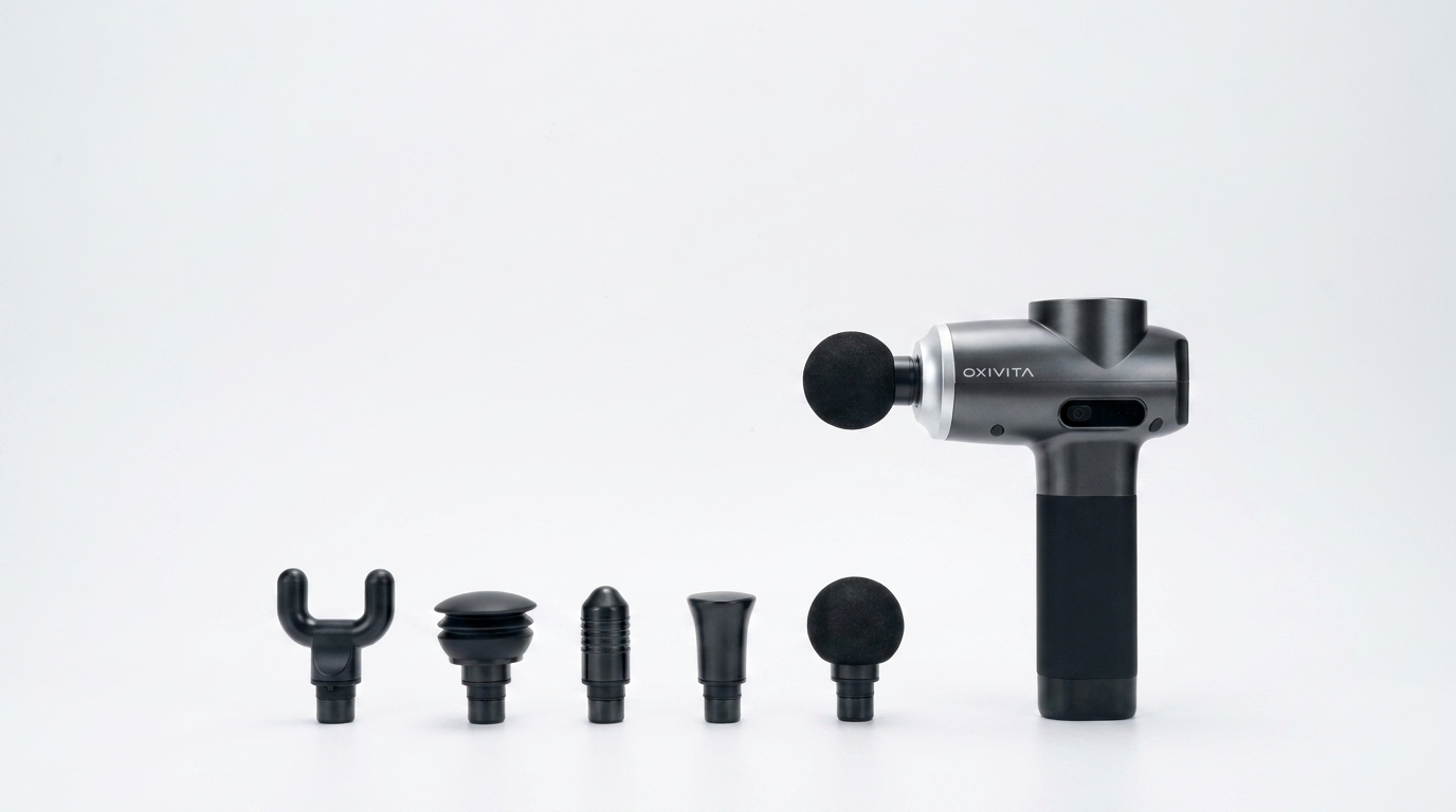 A grey and black Oxivita massage gun with five interchangeable heads arranged neatly on a white background.